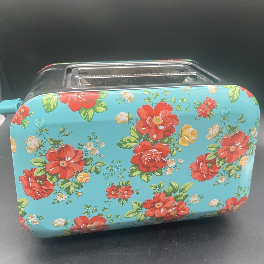 The Pioneer Woman Toaster Blue Floral w/Red Flowers 2 Slice Vtg Aqua Defrost